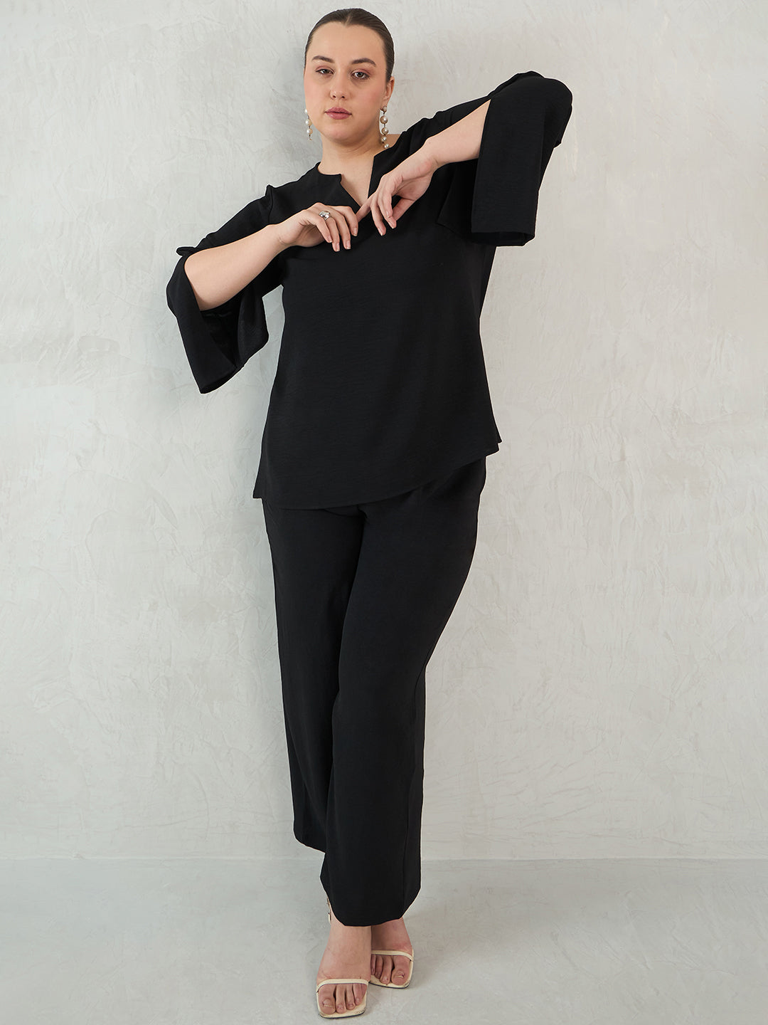 Black Slit Detail Top And Pants Co-Ord Set