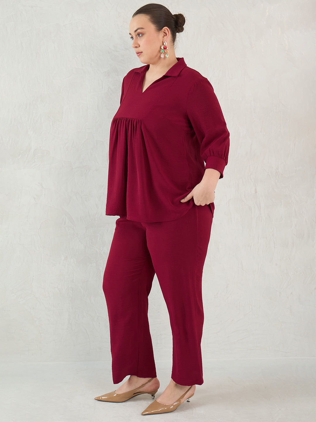 Maroon Gather Detail Tunic And Pants Co-Ord Set