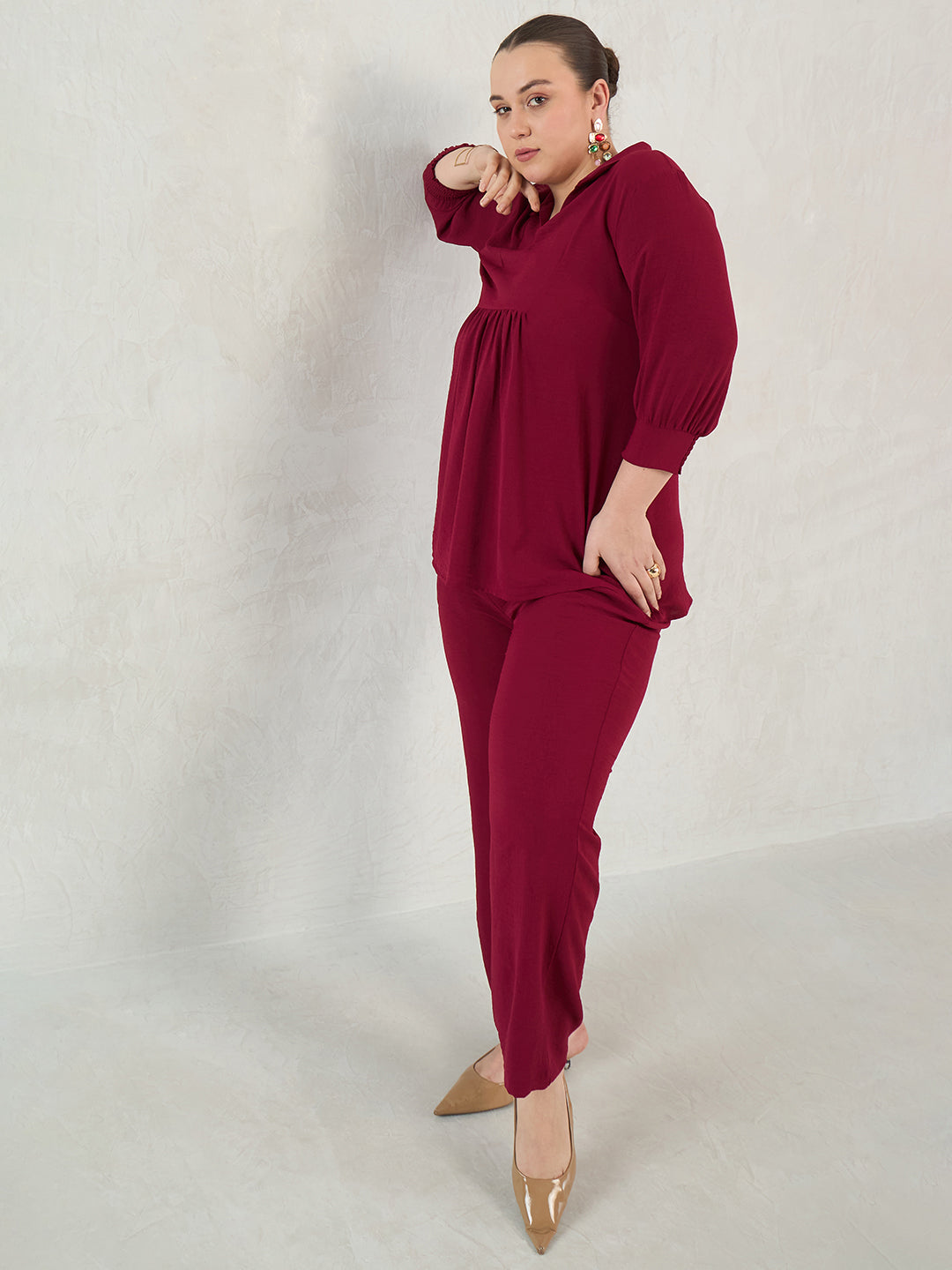 Maroon Gather Detail Tunic And Pants Co-Ord Set