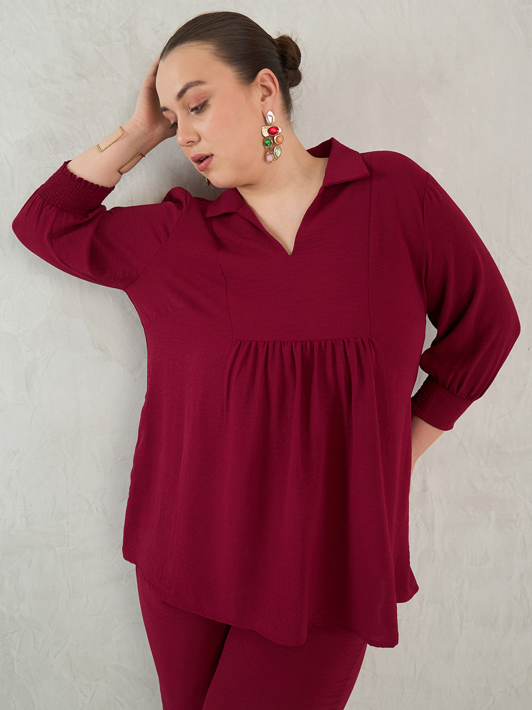 Maroon Gather Detail Tunic And Pants Co-Ord Set