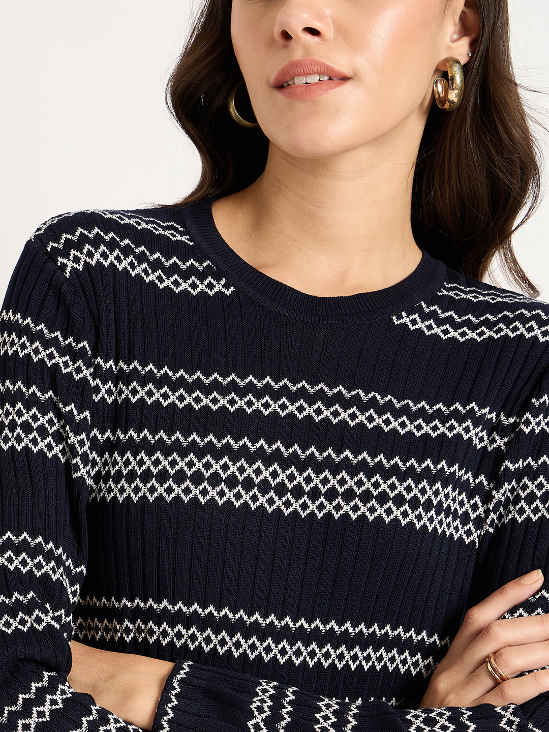 Navy And White Straight Fit Knitted Dress