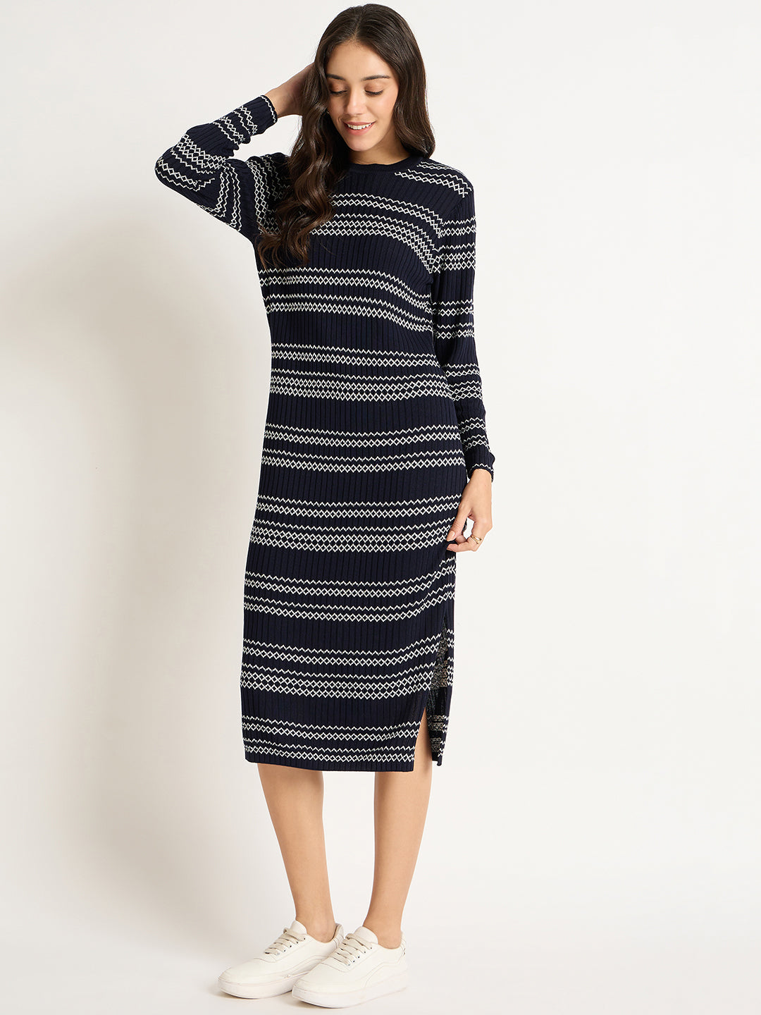 Navy And White Straight Fit Knitted Dress
