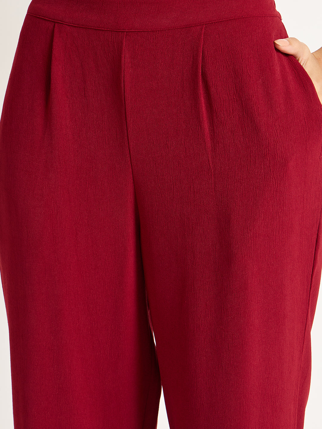 Deep Red Crinkle V-Neck Co-Ord Set