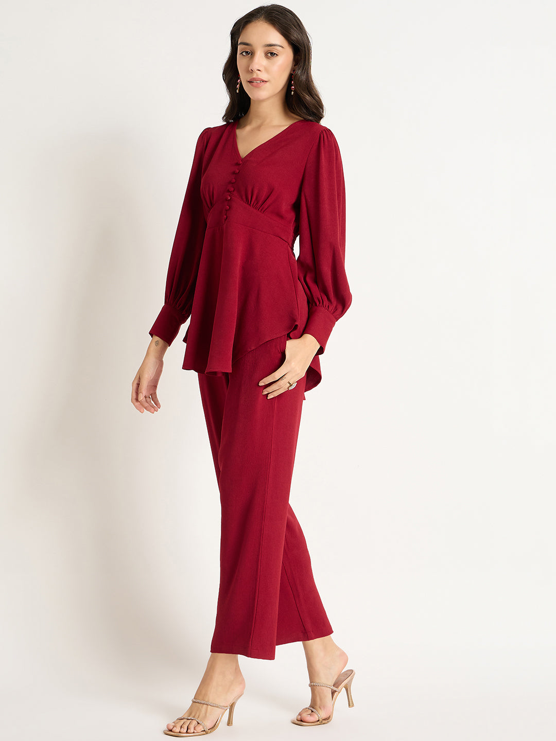 Deep Red Crinkle V-Neck Co-Ord Set