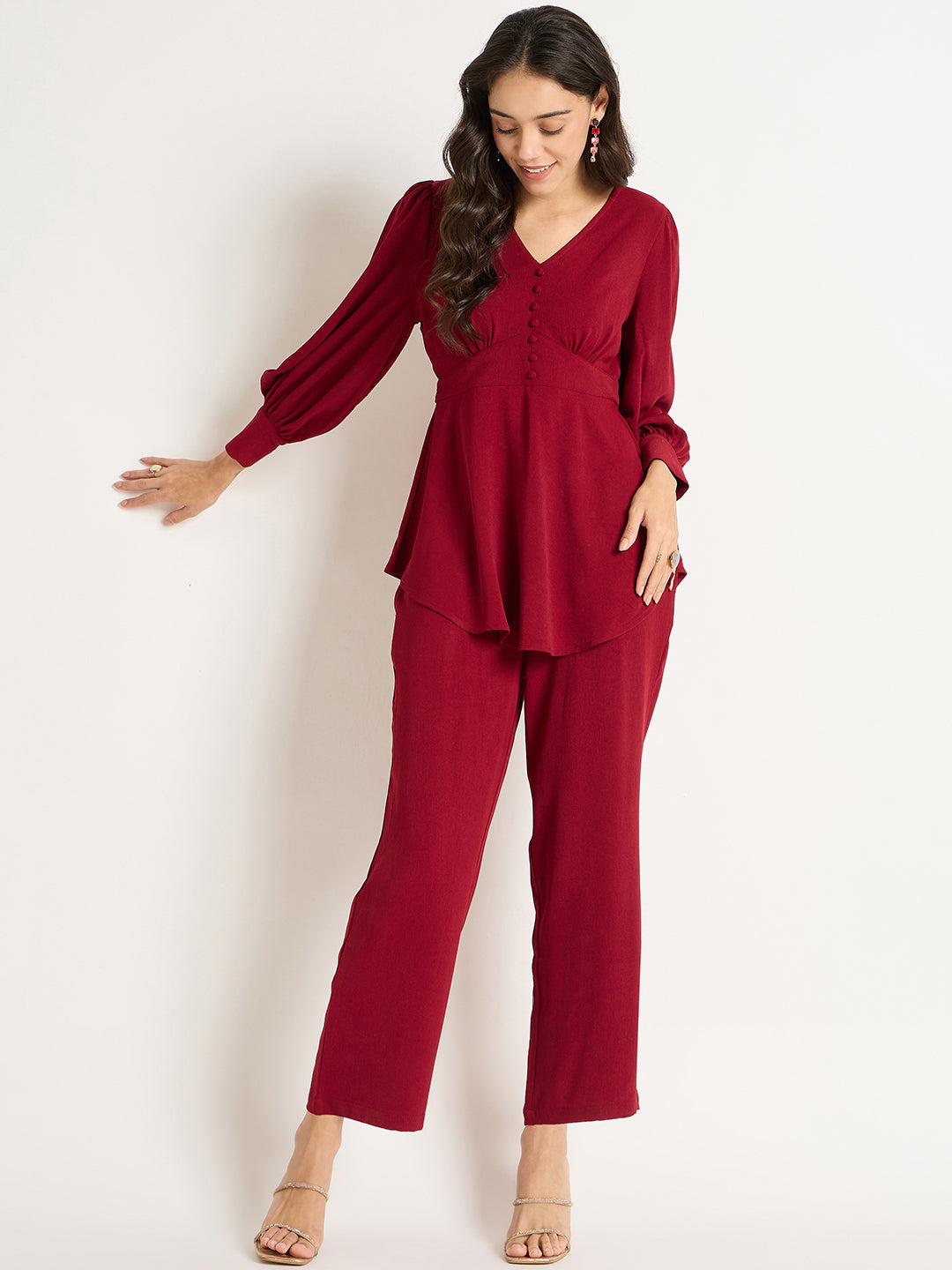 Deep Red Crinkle V-Neck Co-Ord Set