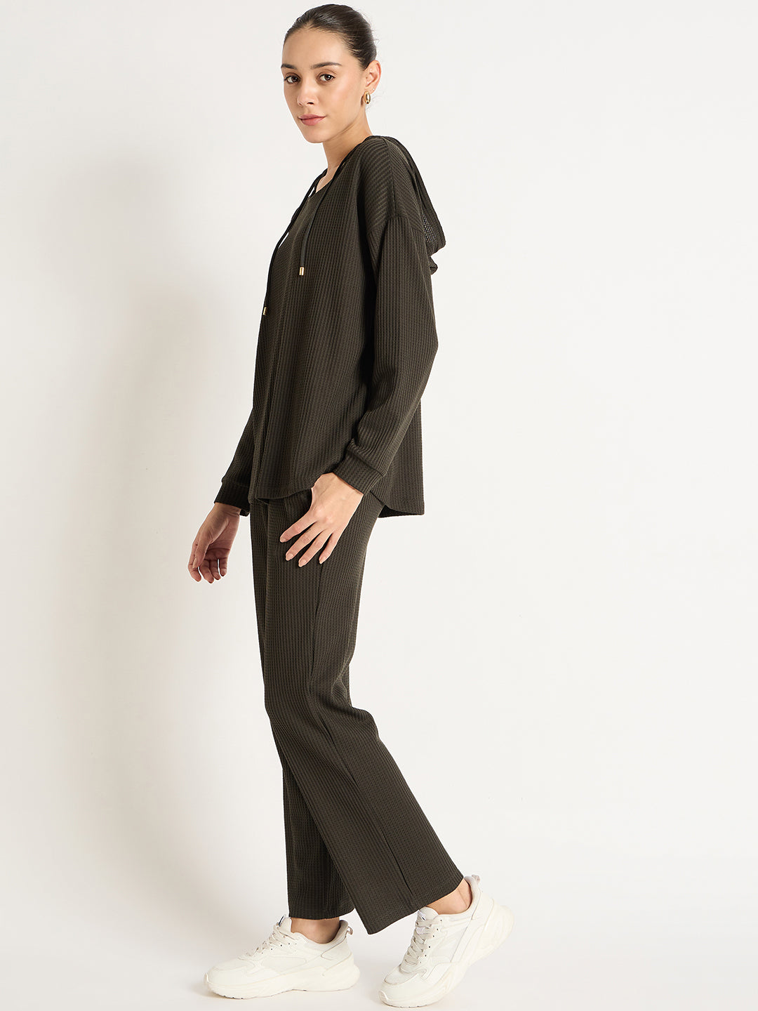 Olive Waffle Knit Hoodie Co-Ord Set