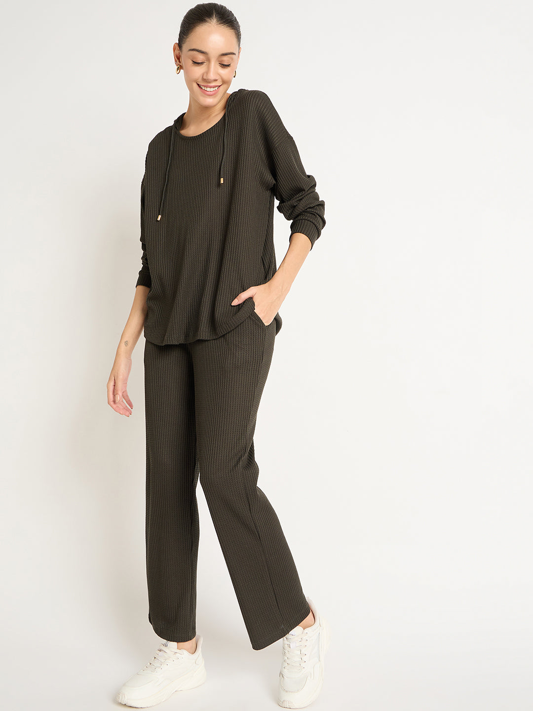 Olive Waffle Knit Hoodie Co-Ord Set