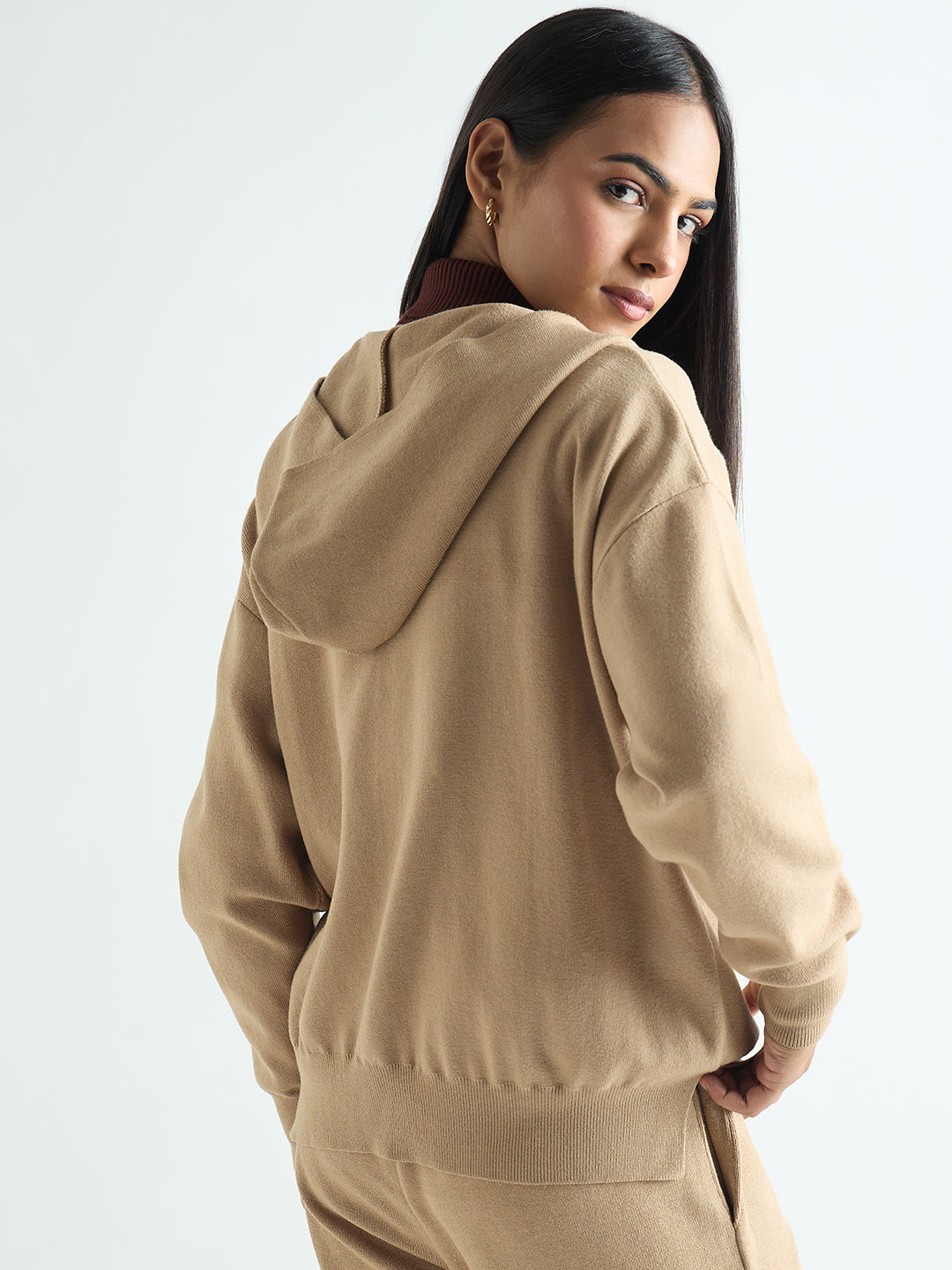 Beige Zip-Up Hooded Sweater