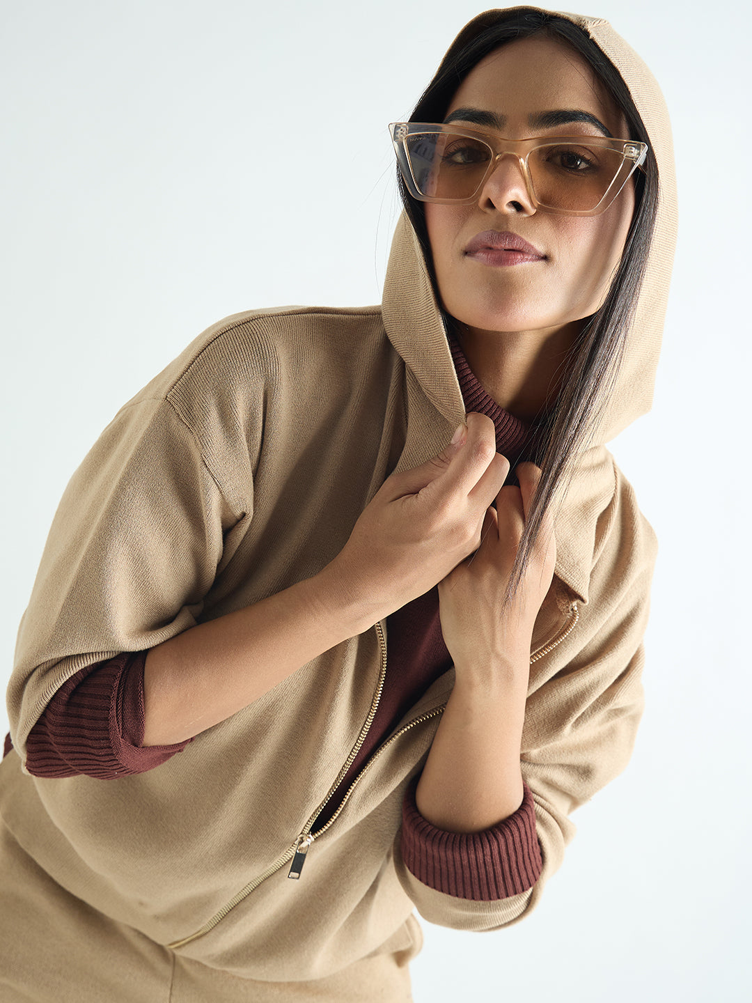 Beige Zip-Up Hooded Sweater