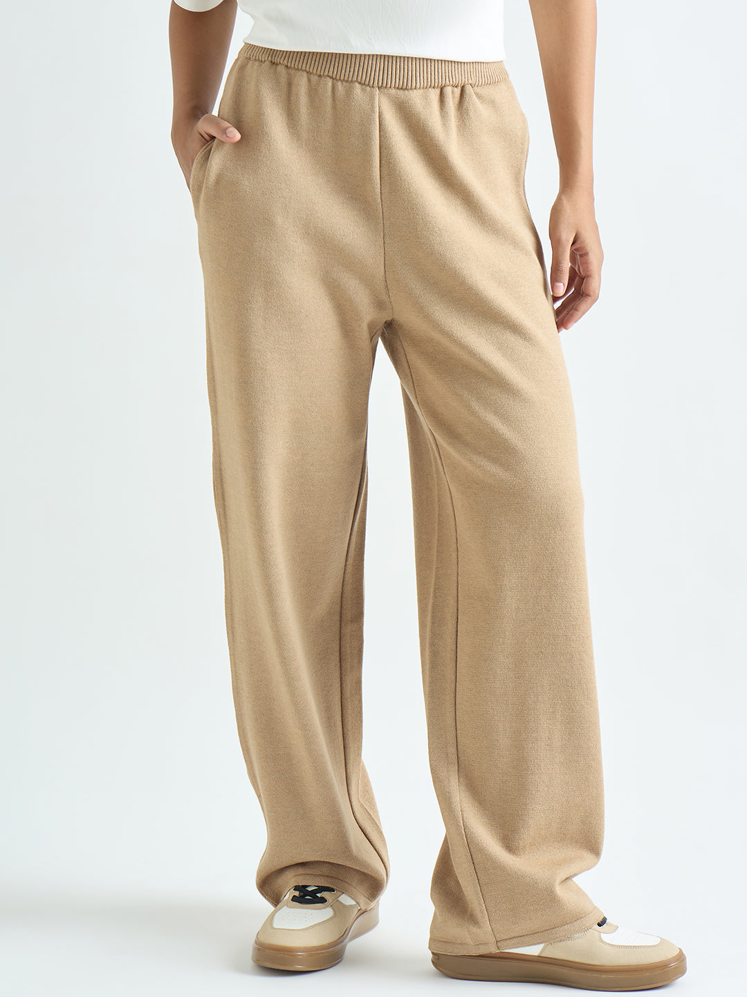 Beige Knitted Straight Fit Pants