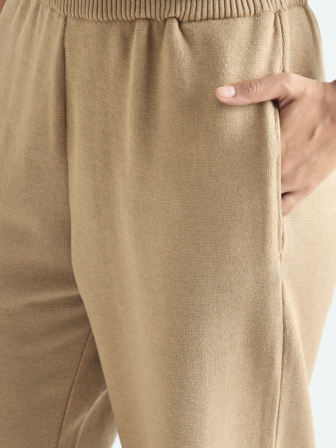 Beige Knitted Straight Fit Pants