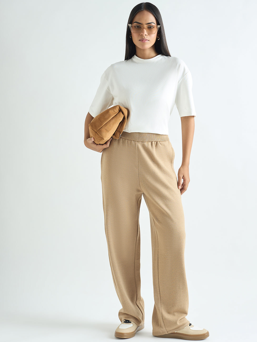 Beige Knitted Straight Fit Pants