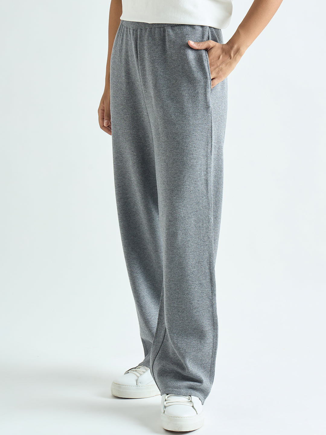 Grey Melange Knitted Straight Fit Pants