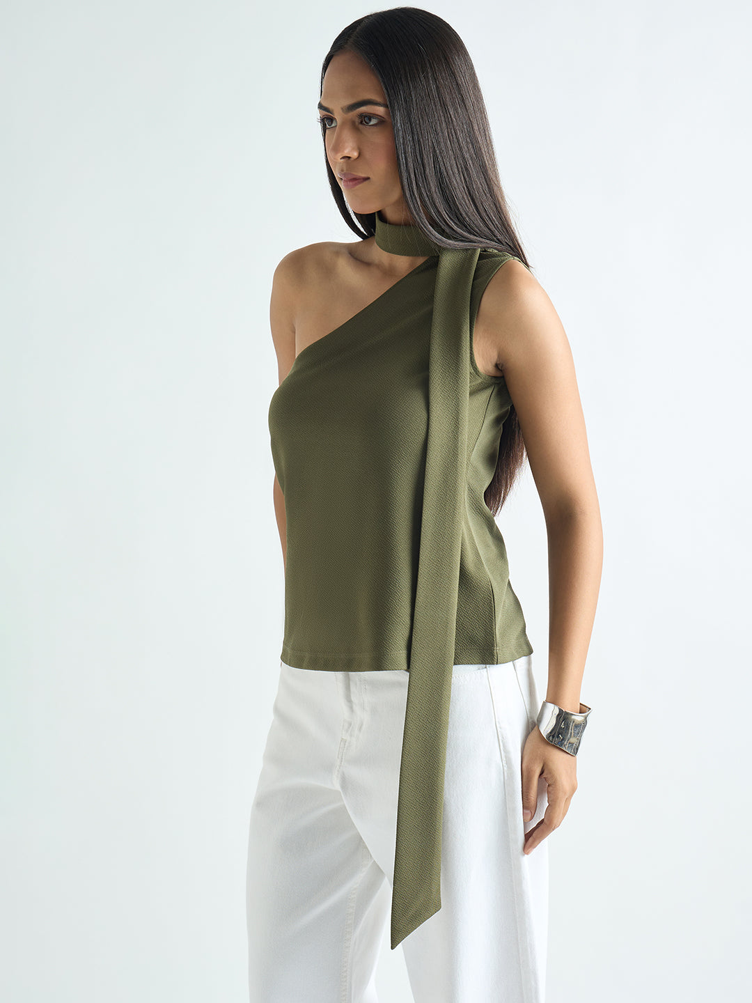 Olive One Shoulder Scarf Top