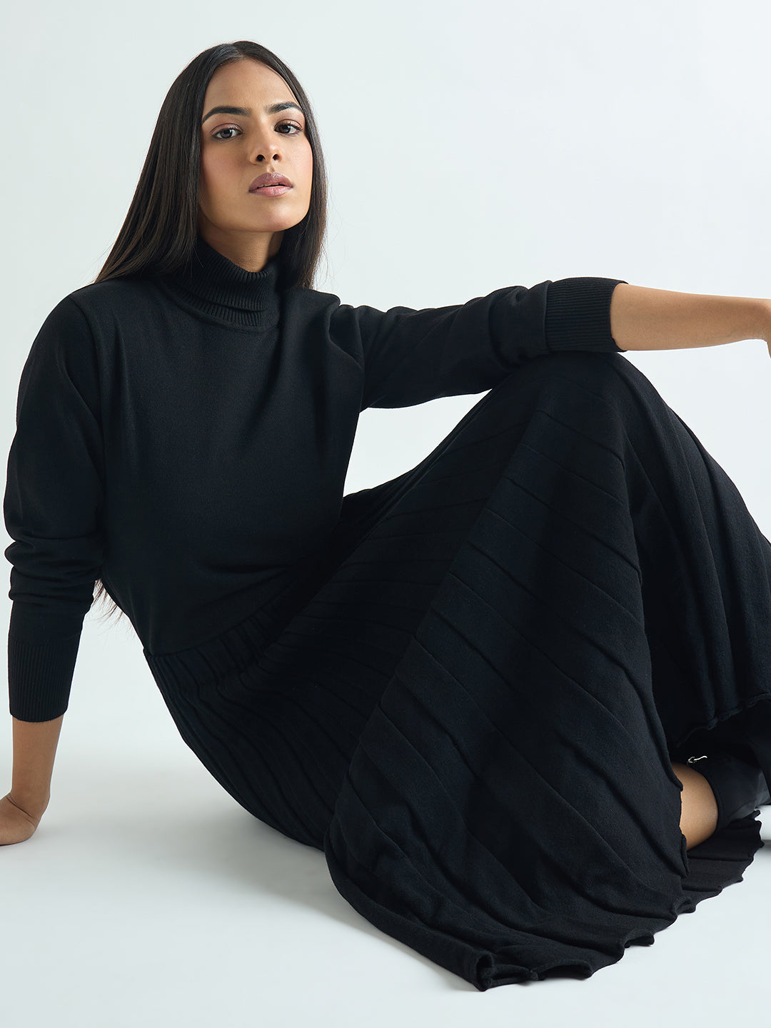 Black Pleated Midi Skirt