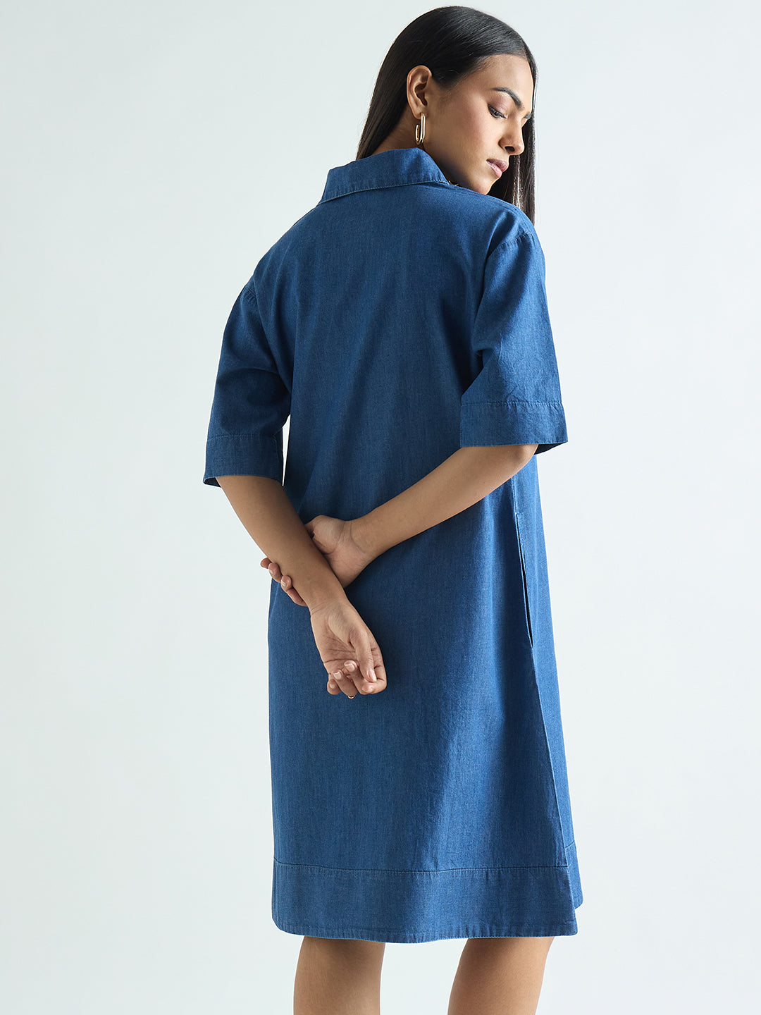 Navy Blue Denim Knee Length Dress