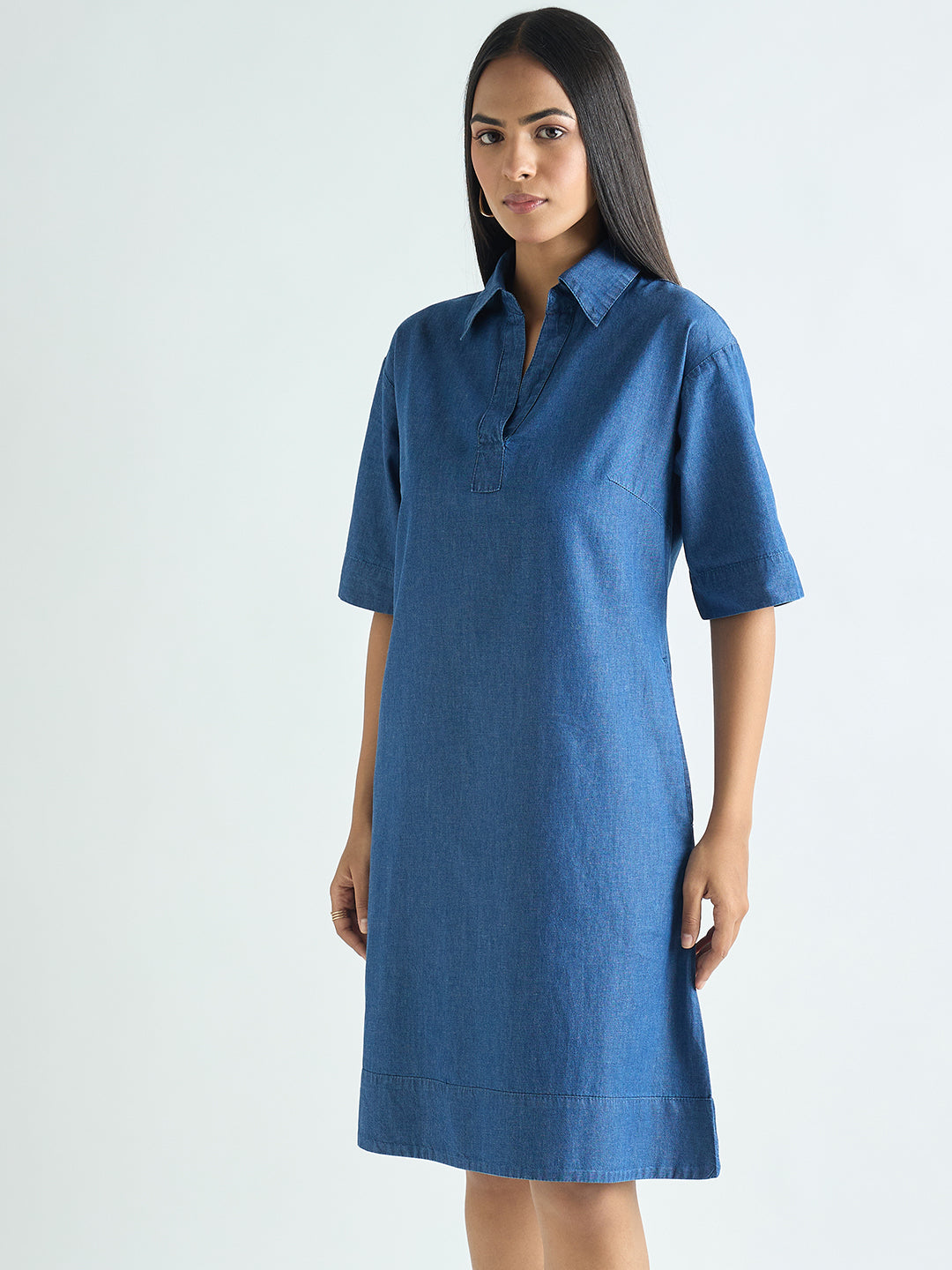 Navy Blue Denim Knee Length Dress