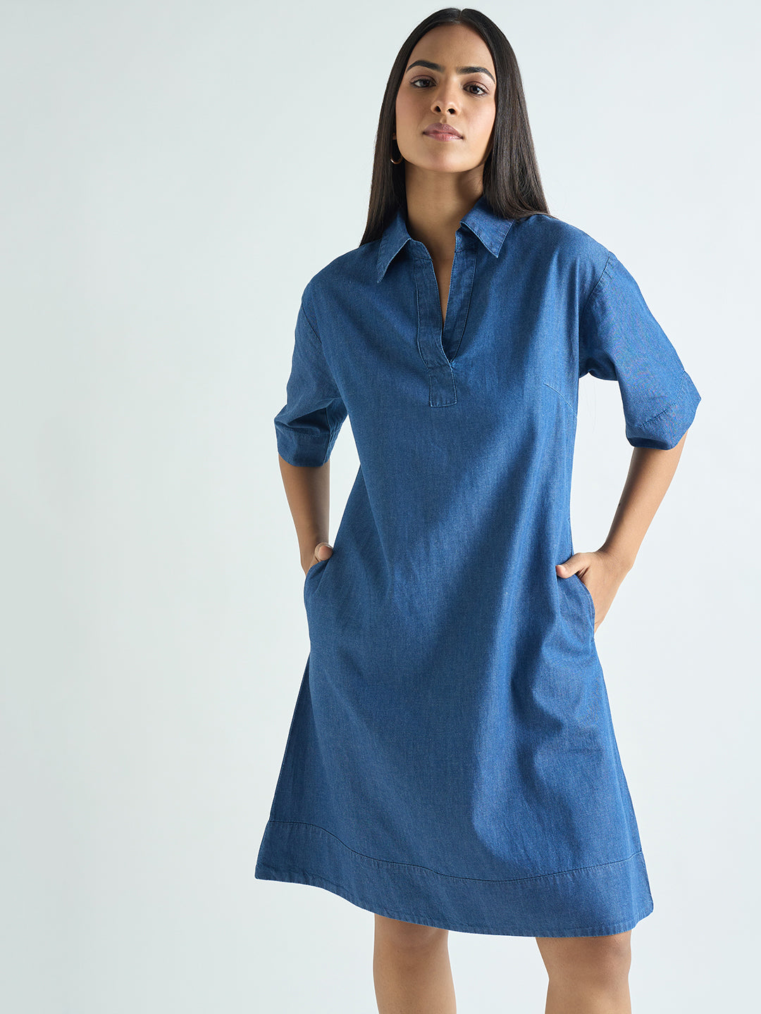 Navy Blue Denim Knee Length Dress