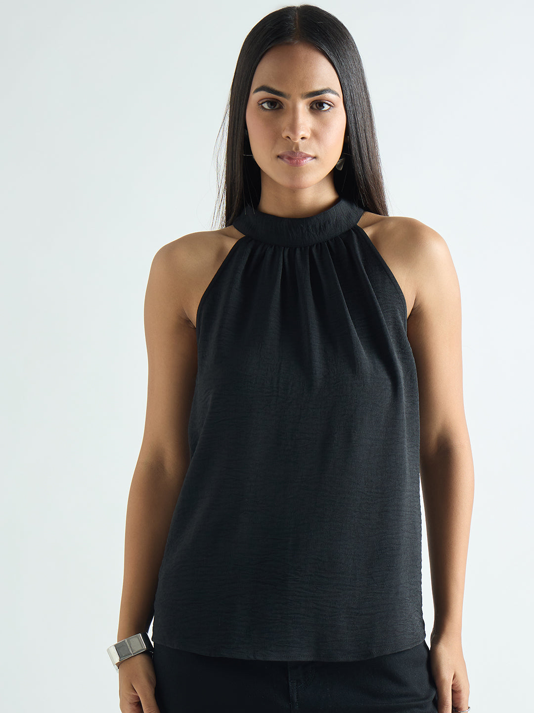 Black Halter Neck Back Tie Detail Top