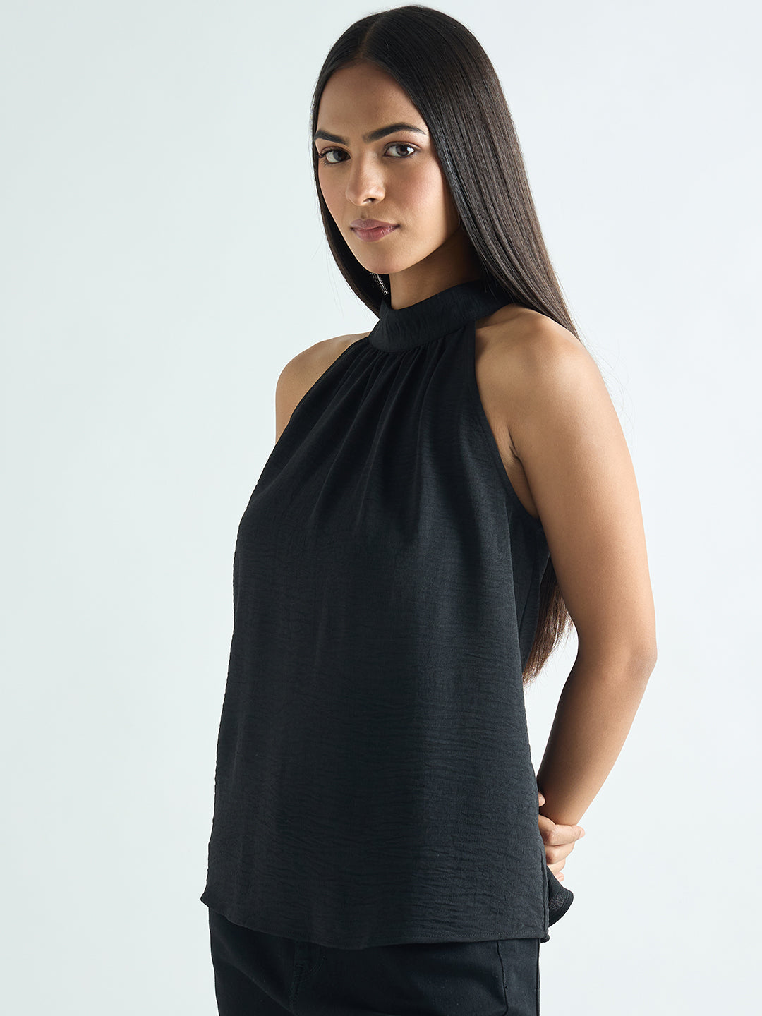 Black Halter Neck Back Tie Detail Top