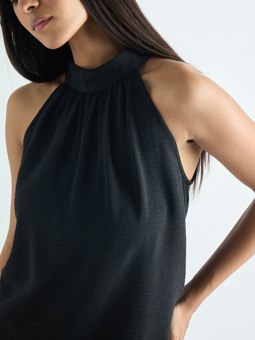 Black Halter Neck Back Tie Detail Top