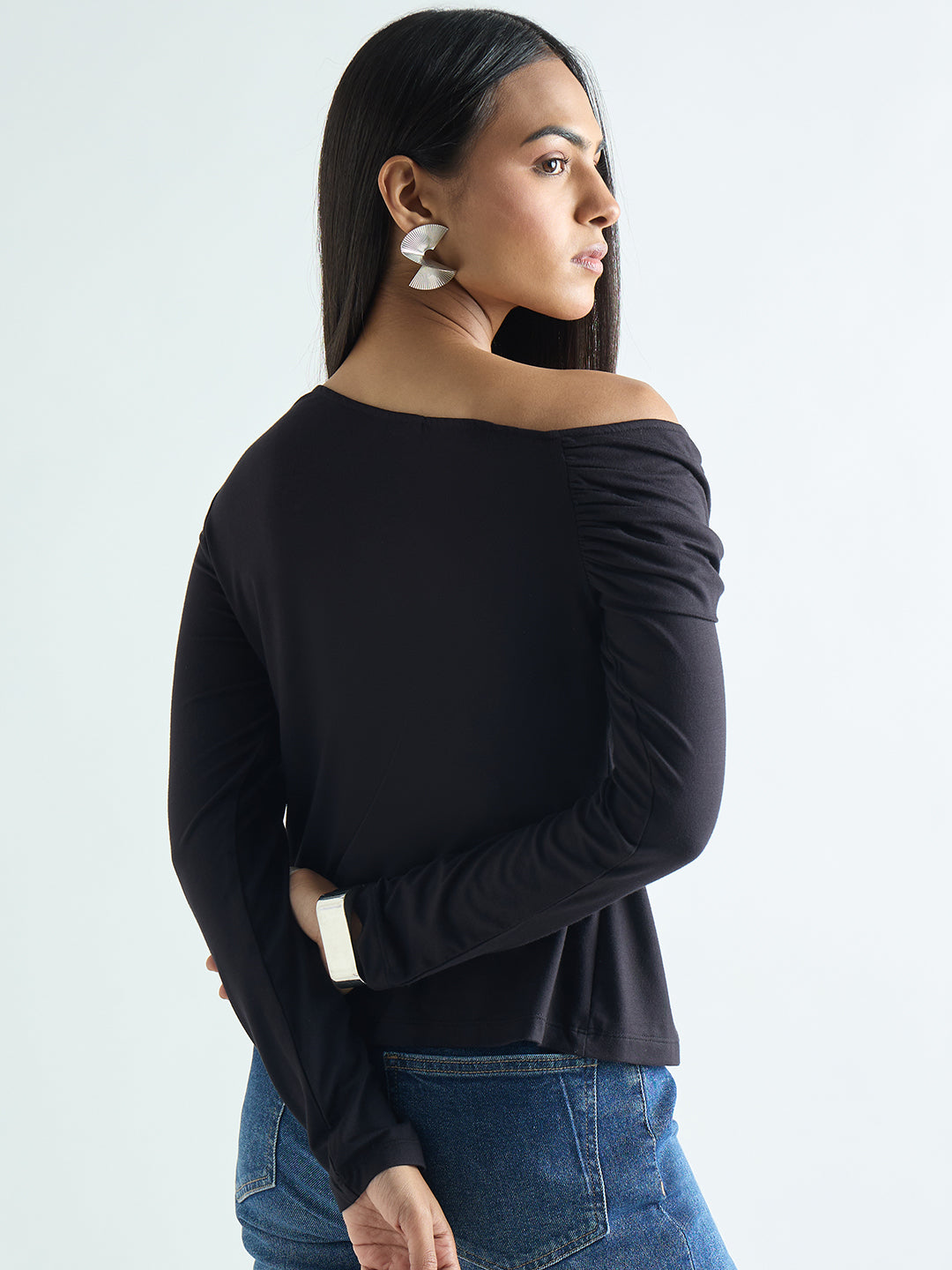 Bamboo Black Knit One Shoulder Top