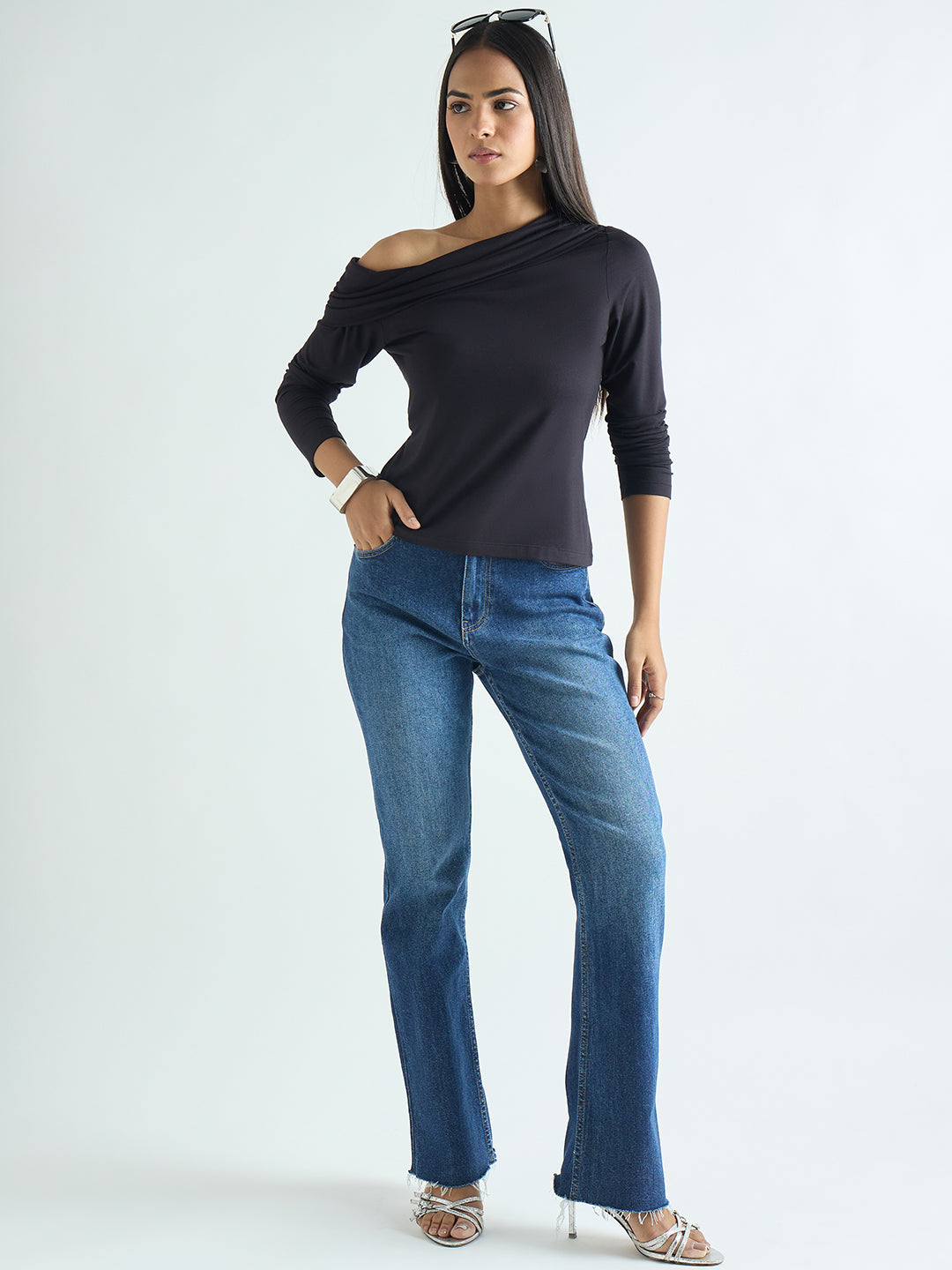 Bamboo Black Knit One Shoulder Top