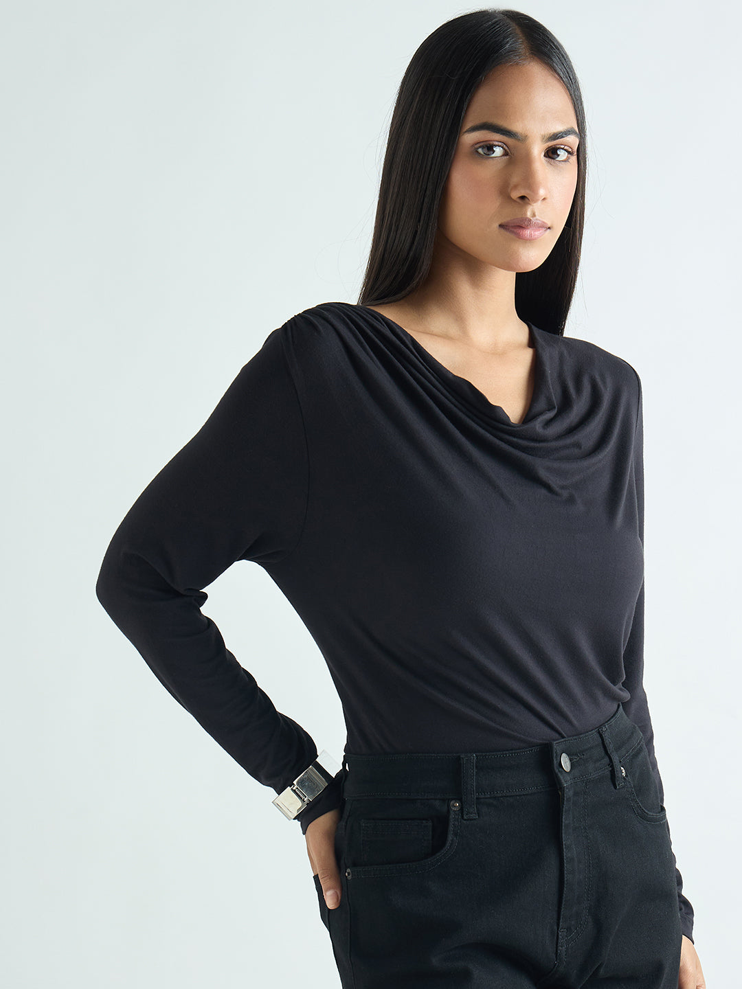 Bamboo Black Cowl Neck Bodysuit