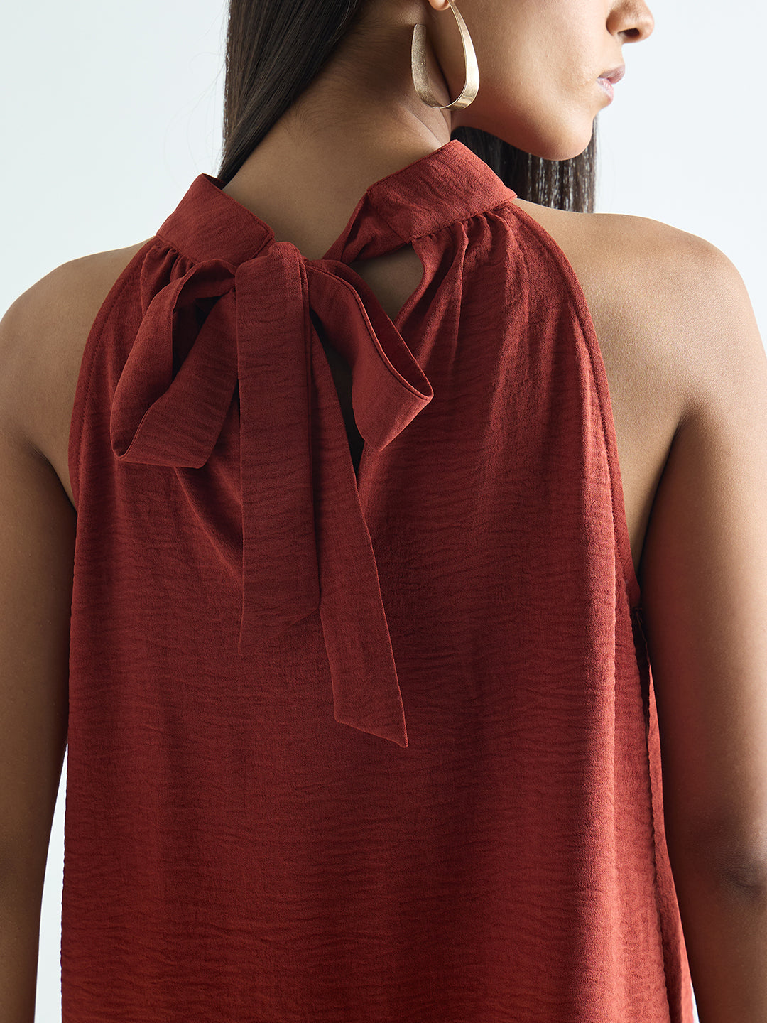Rust Halter Neck Back Tie Detail Top