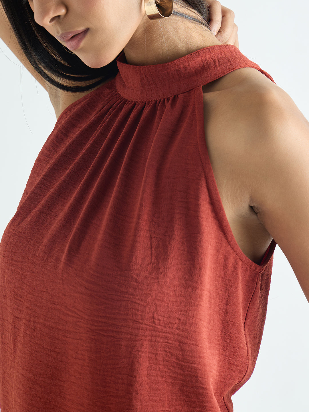 Rust Halter Neck Back Tie Detail Top