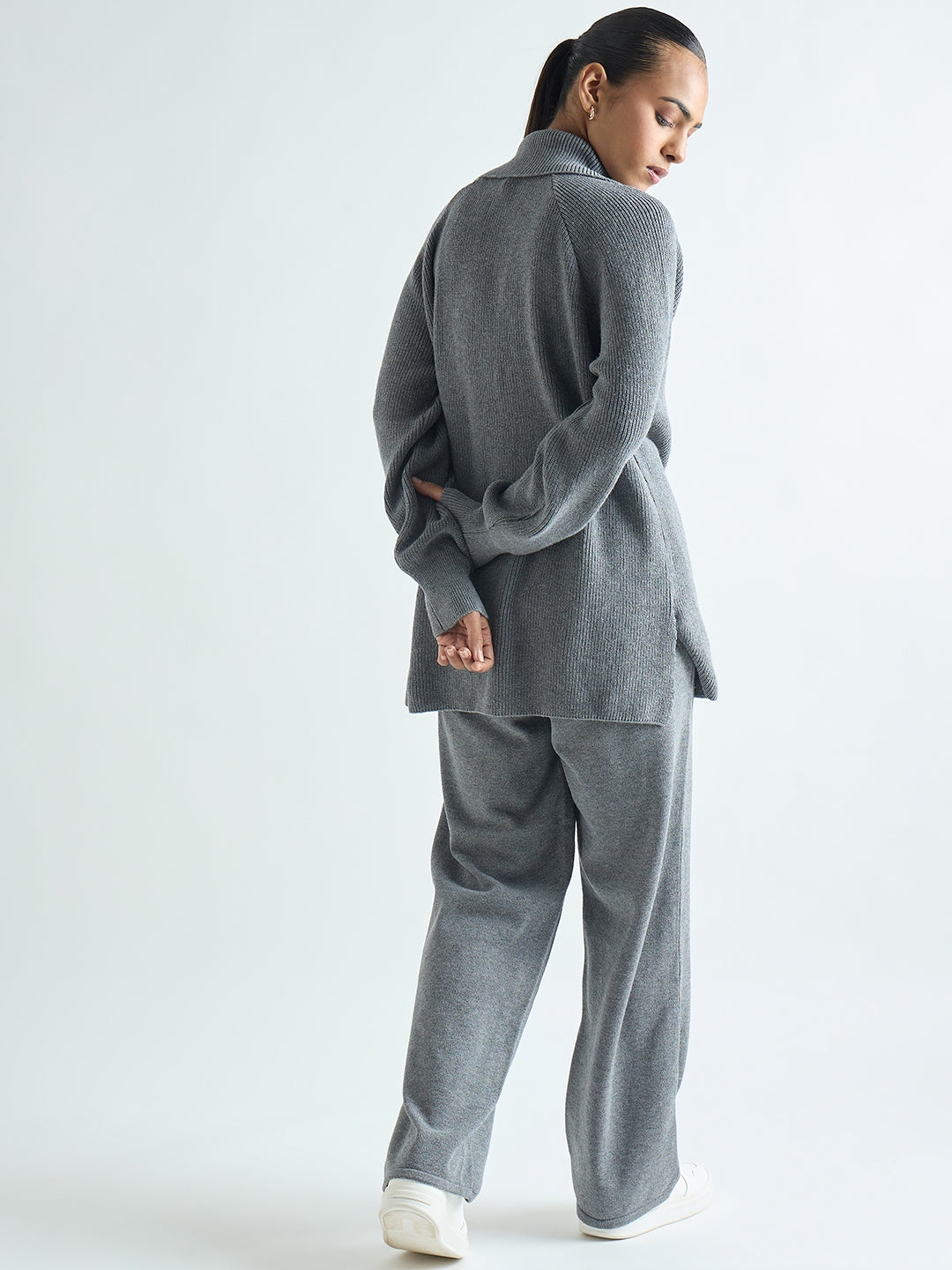 Grey Melange Half Zipper Sweater Co-Ord