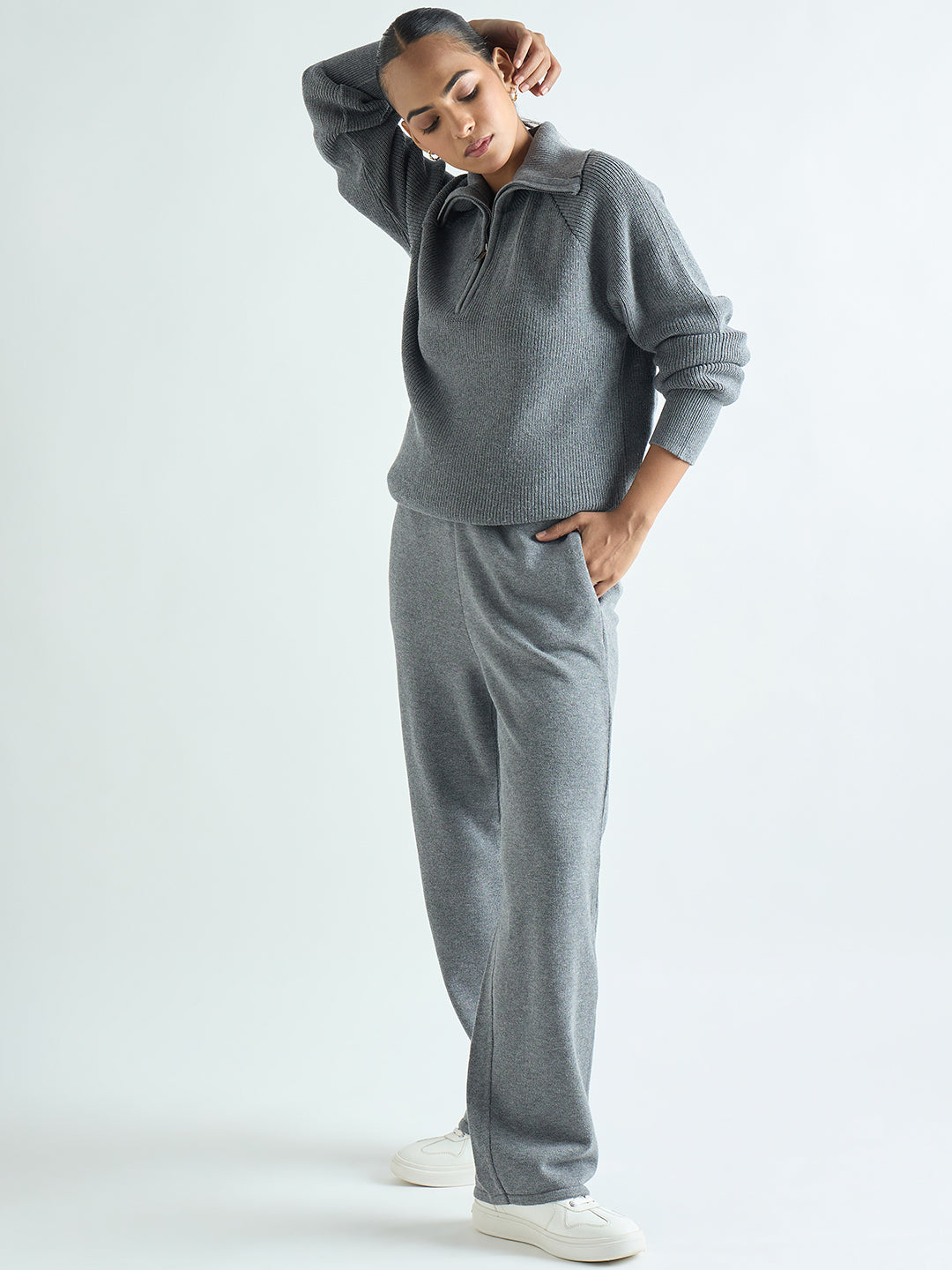 Grey Melange Half Zipper Sweater Co-Ord