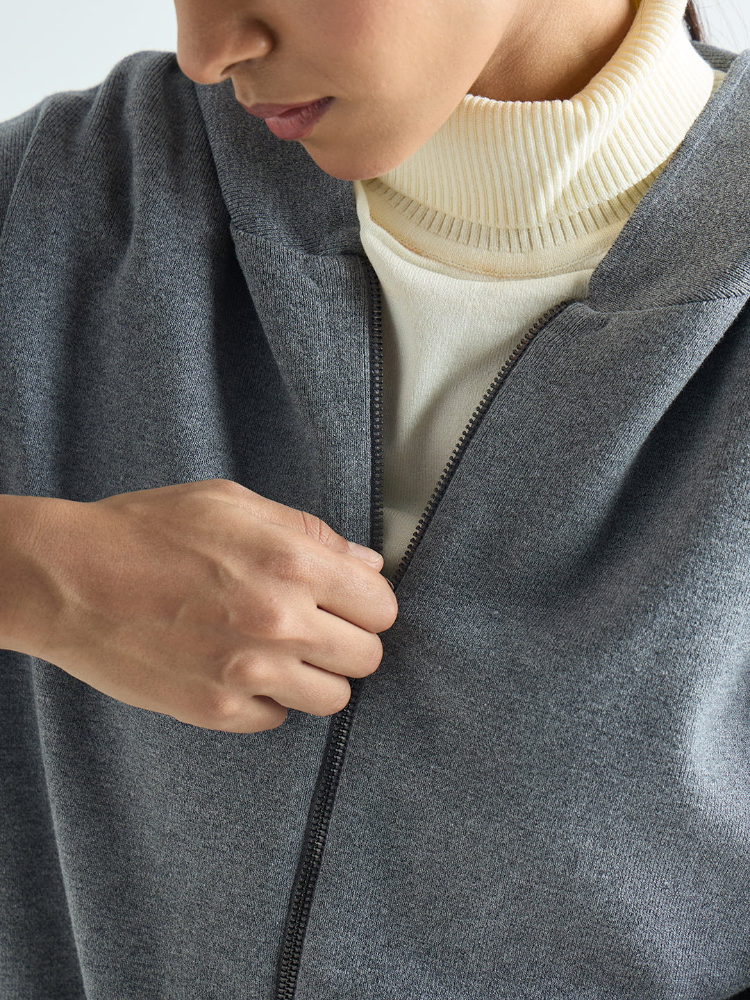 Grey Melange Zip-Up Hooded Sweater