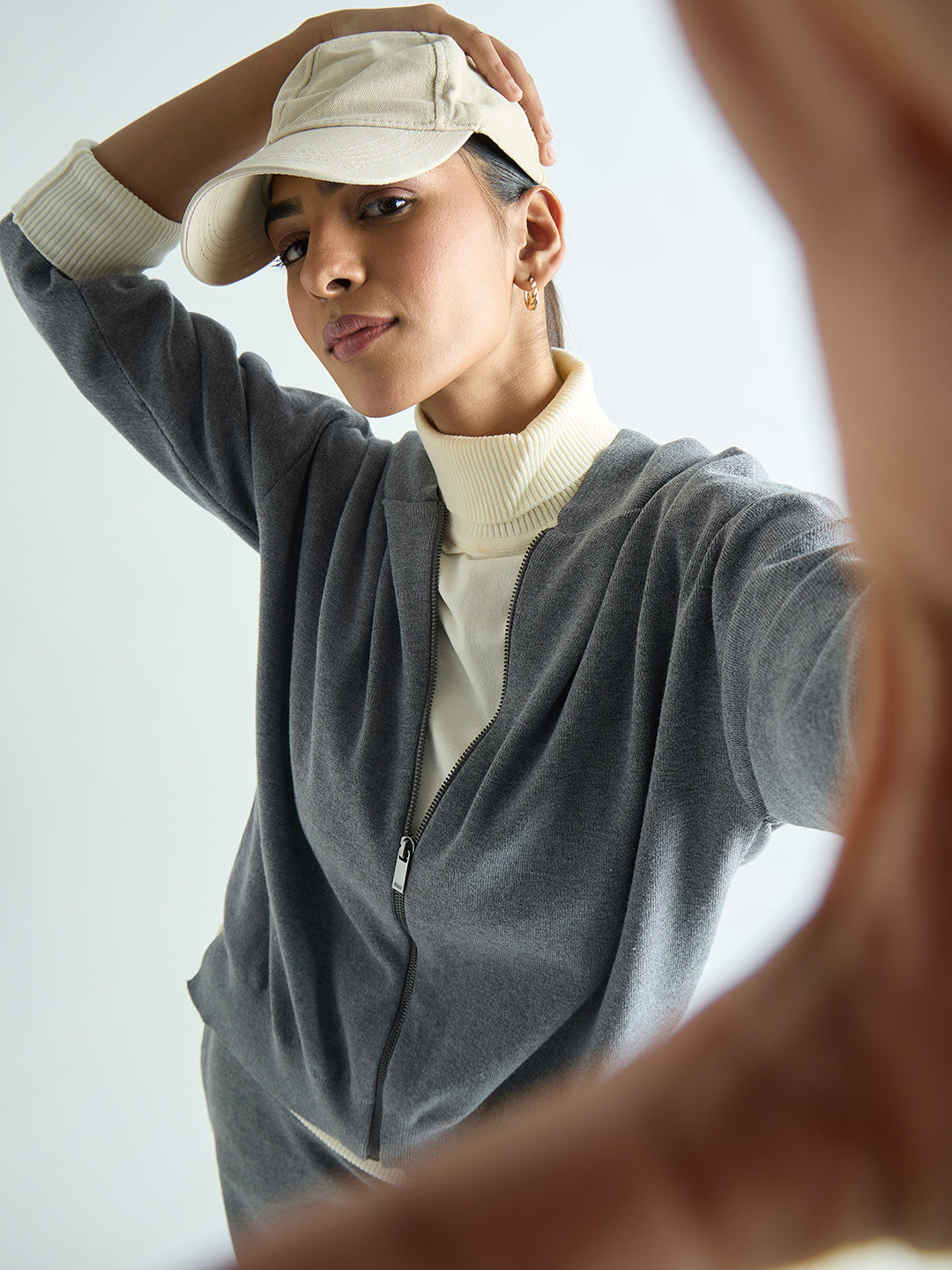 Grey Melange Zip-Up Hooded Sweater