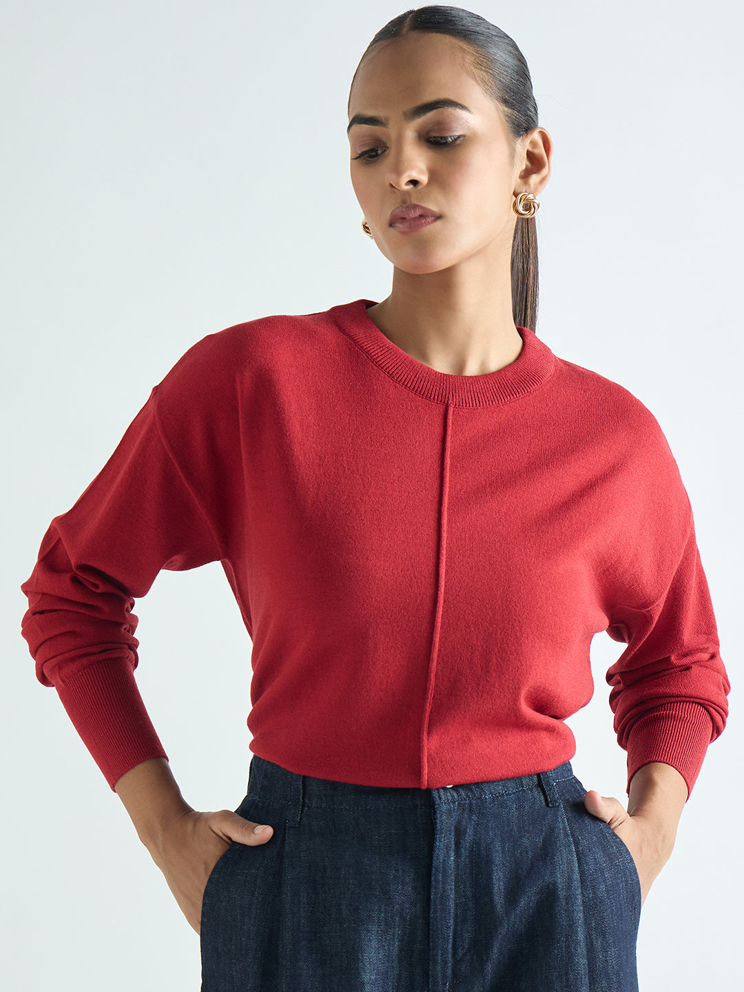 Deep Red Pintuck Detail Sweater