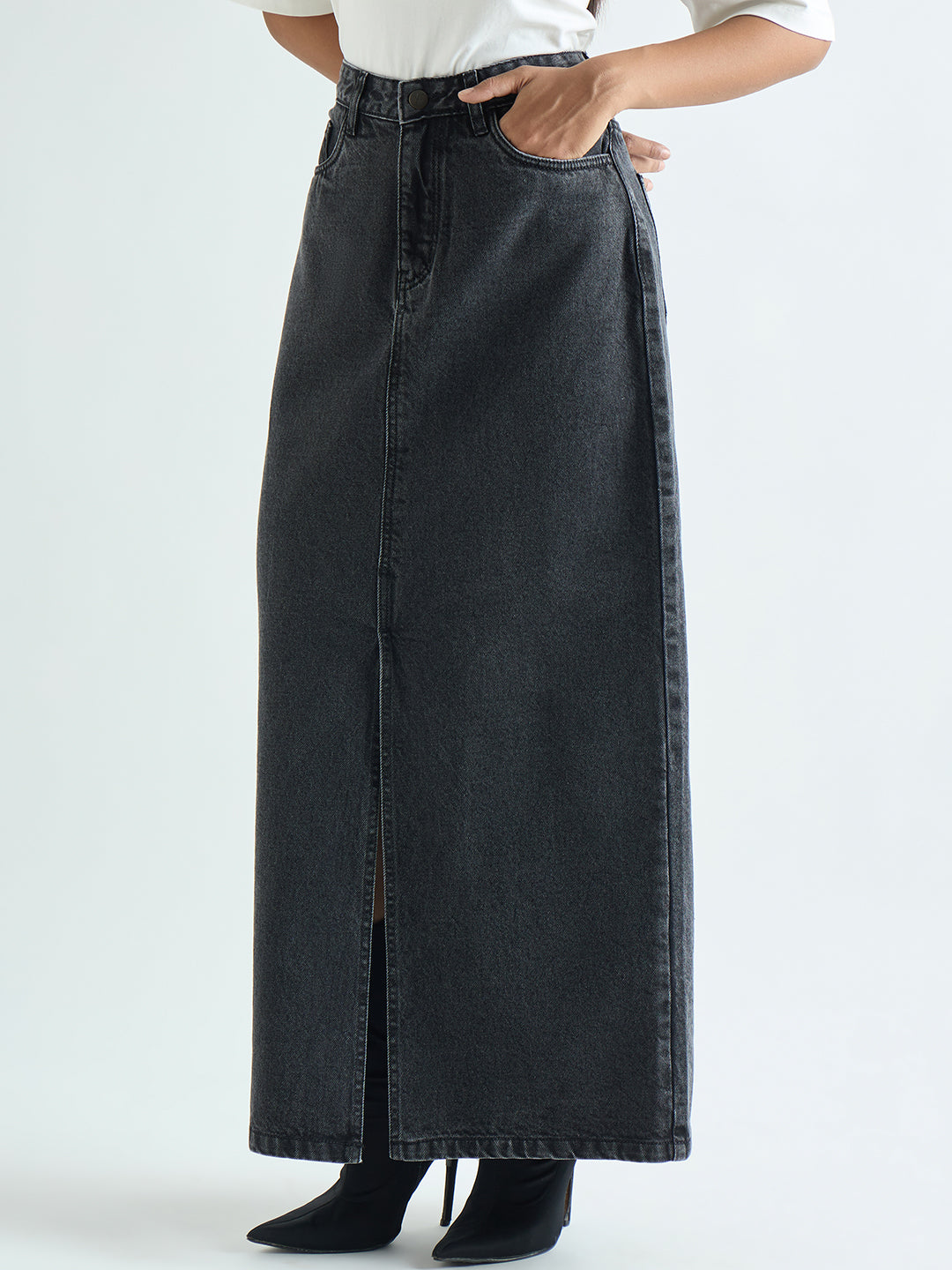 Charcoal Black Denim Maxi Skirt