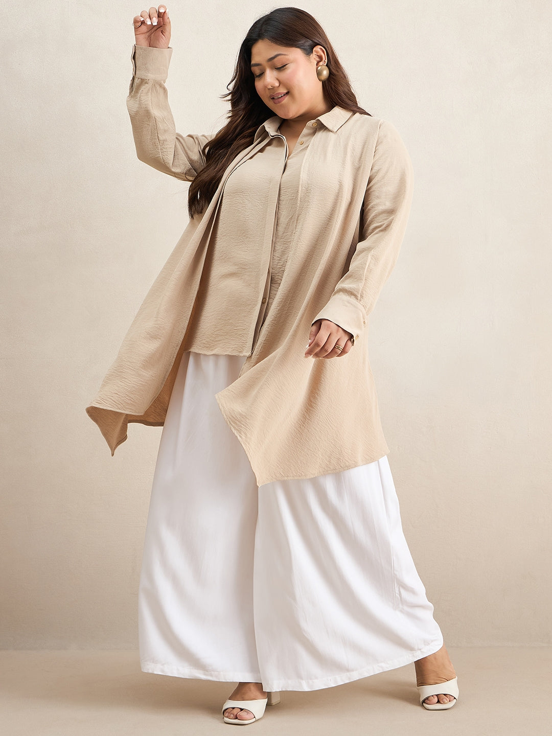 Beige Asymmetric Button Down Shirt