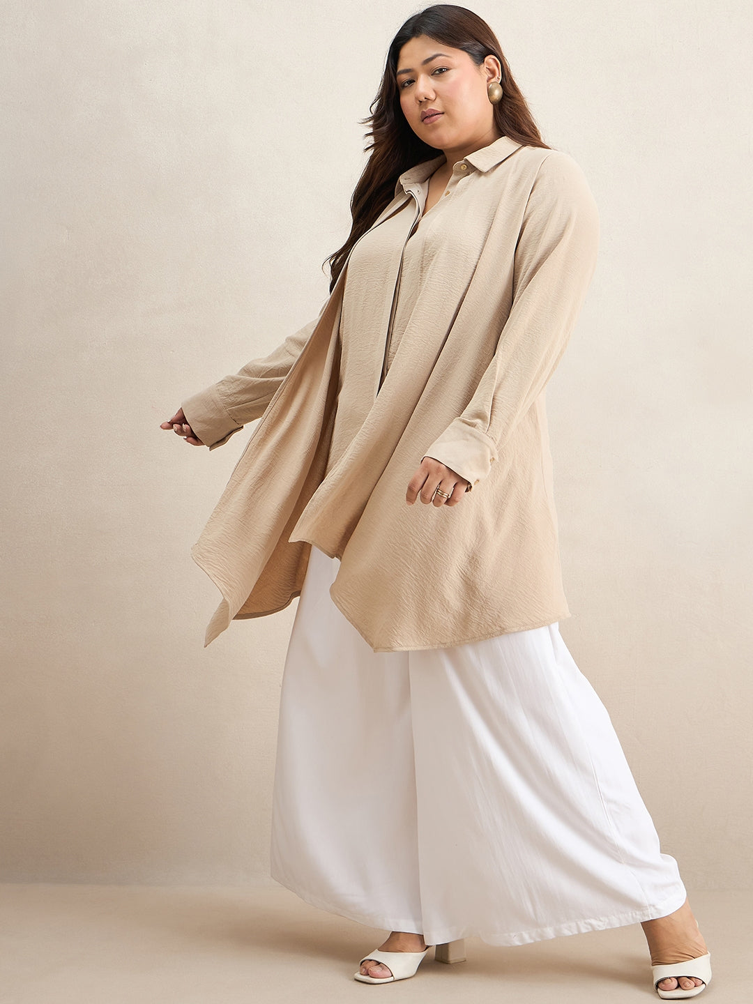 Beige Asymmetric Button Down Shirt