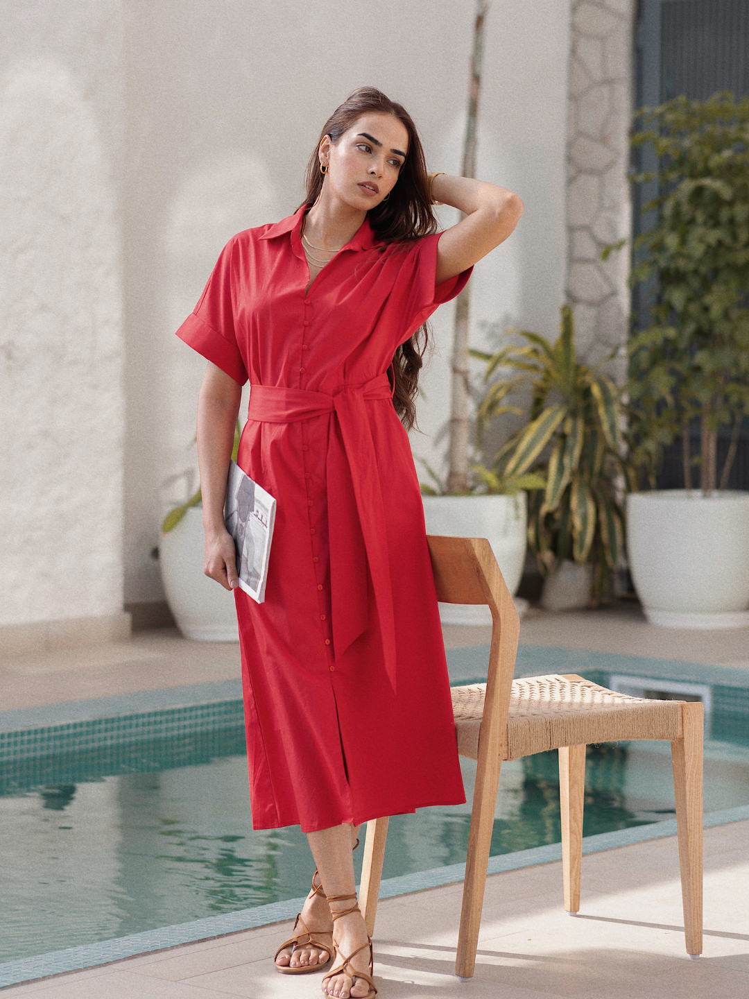 Red Poplin Shirt Midi Dress