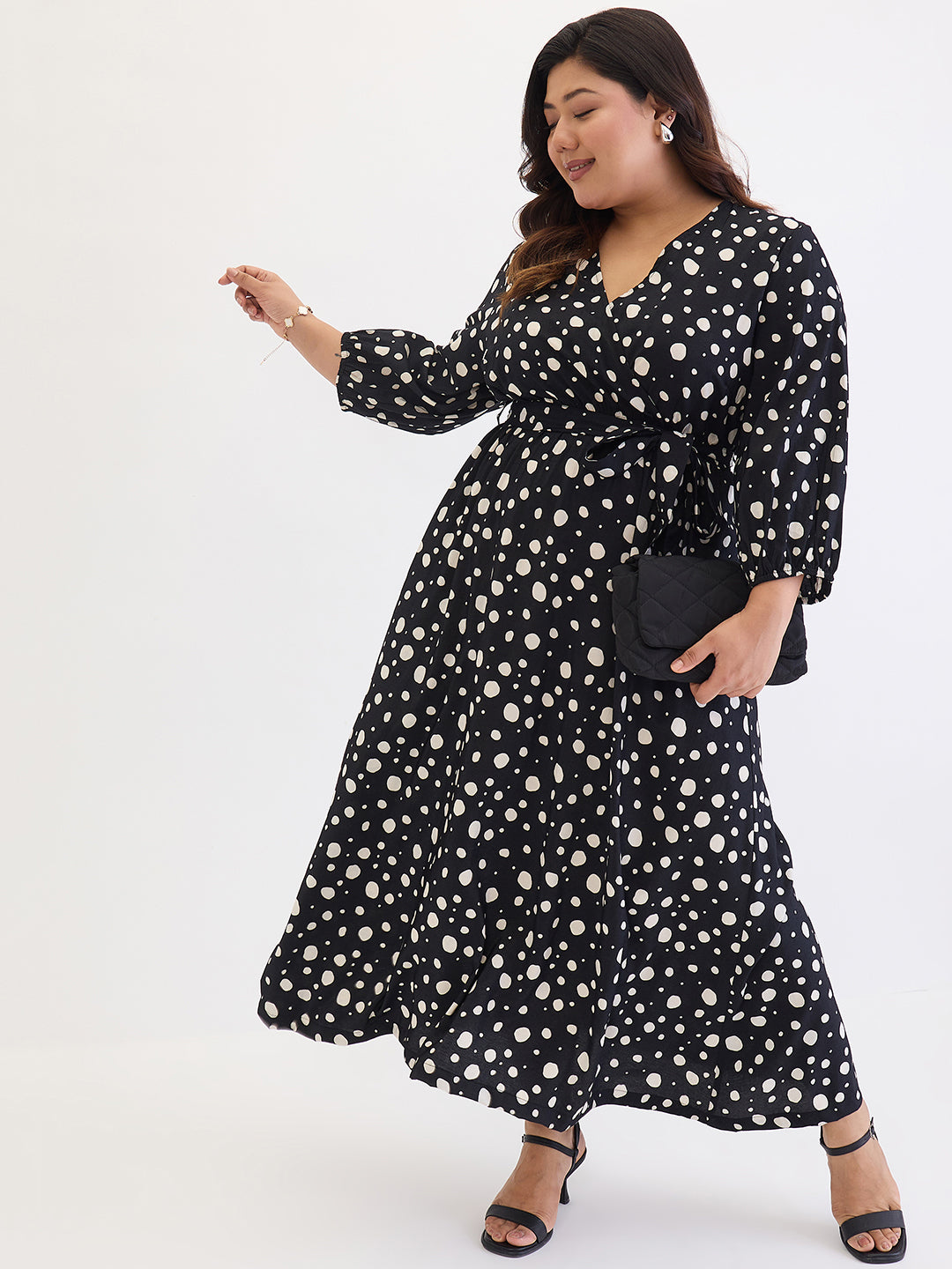 Black Polka Wrap Maxi Dress