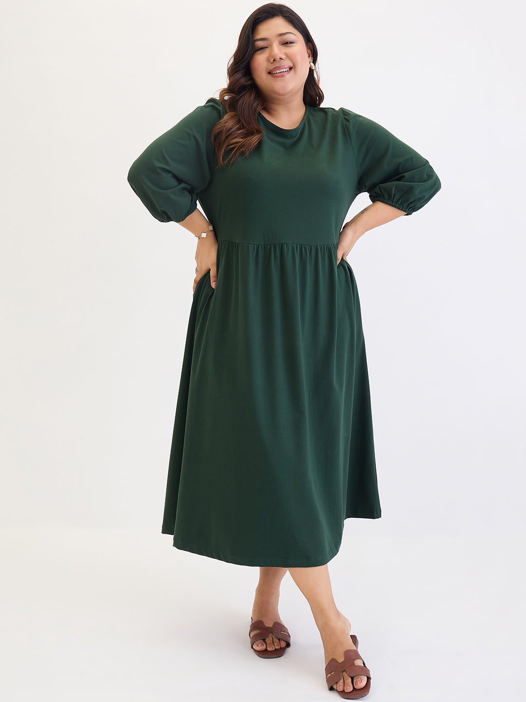 Forest Green Cotton Knit Knitted Midi Dress