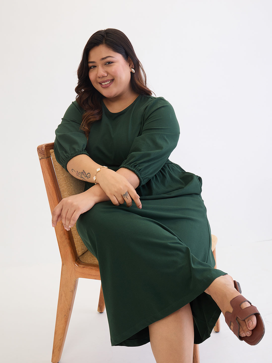 Forest Green Cotton Knit Knitted Midi Dress