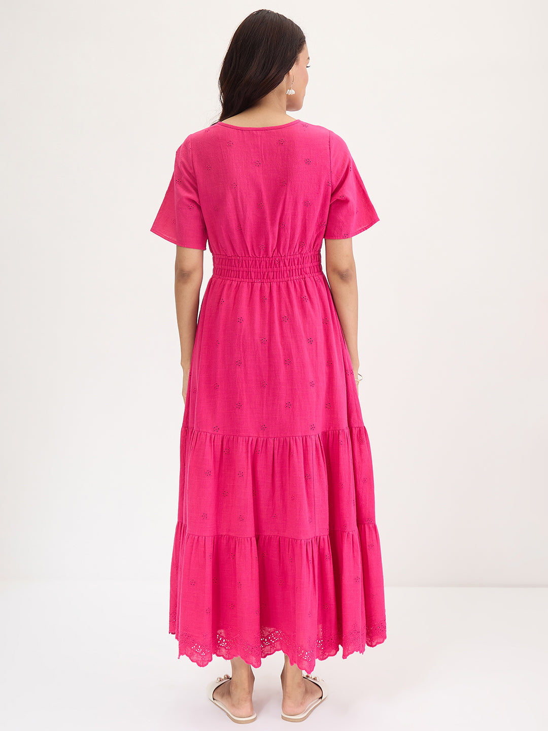 Pink Schiffli Tiered Maxi Dress