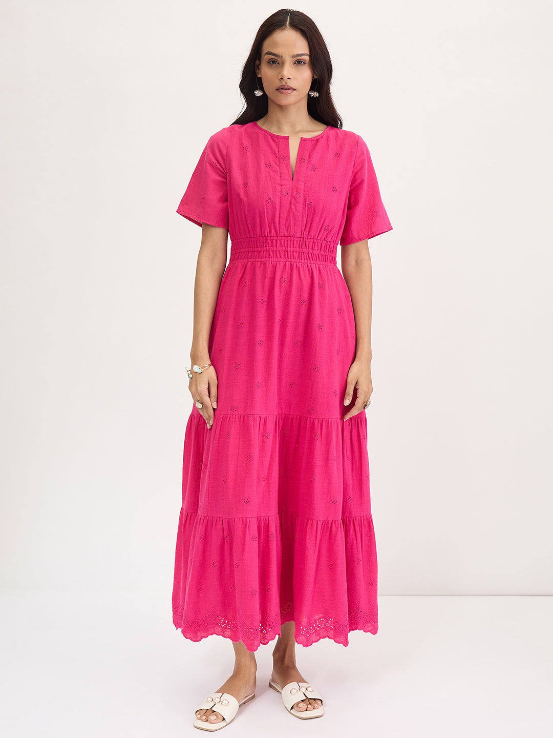 Pink Schiffli Tiered Maxi Dress