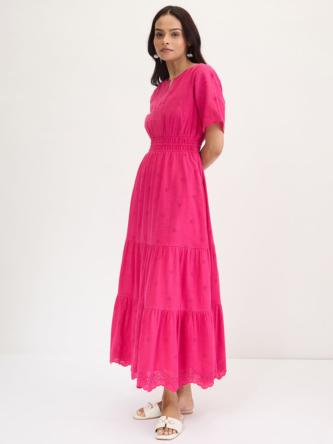Pink Schiffli Tiered Maxi Dress