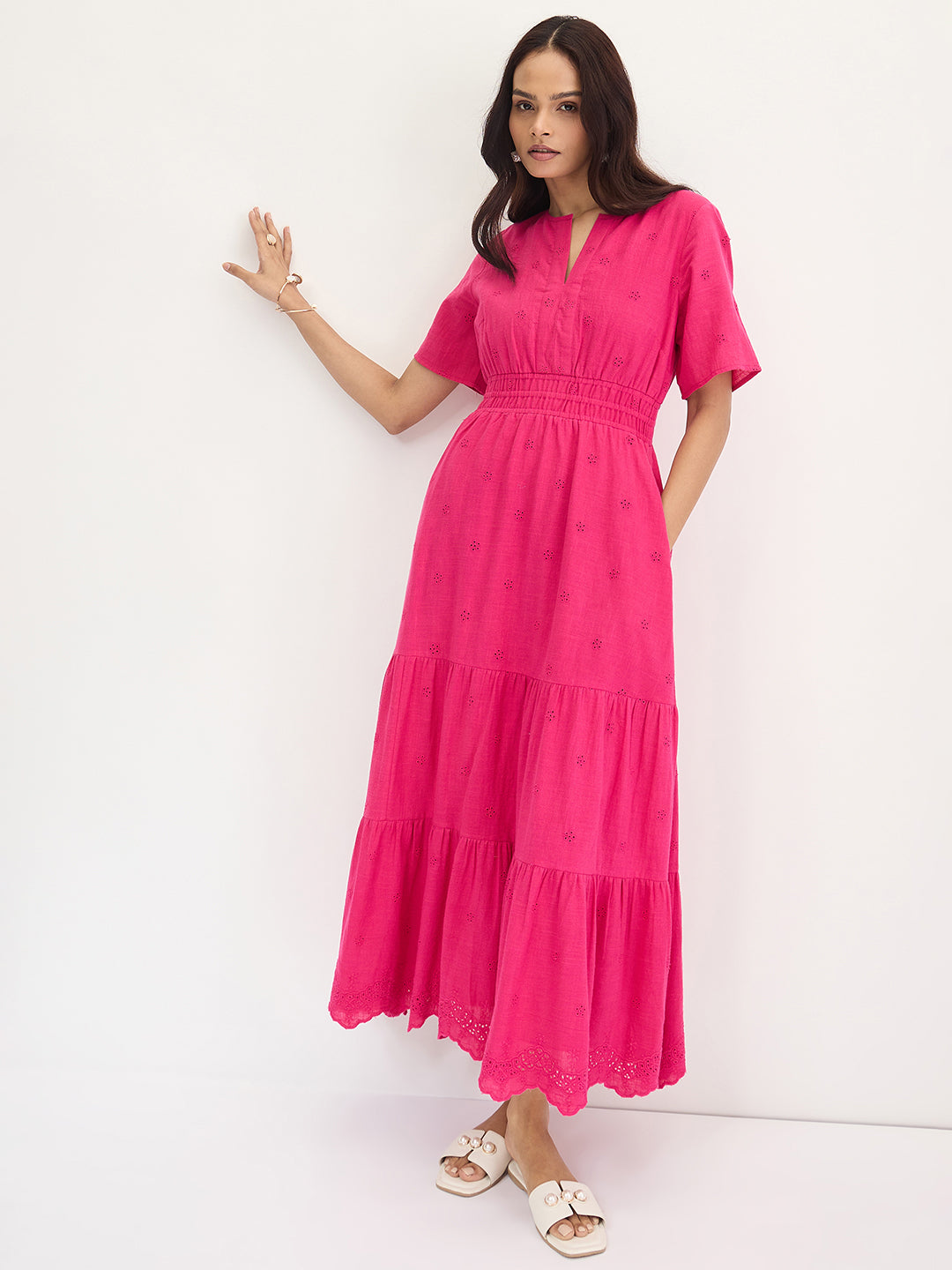 Pink Schiffli Tiered Maxi Dress