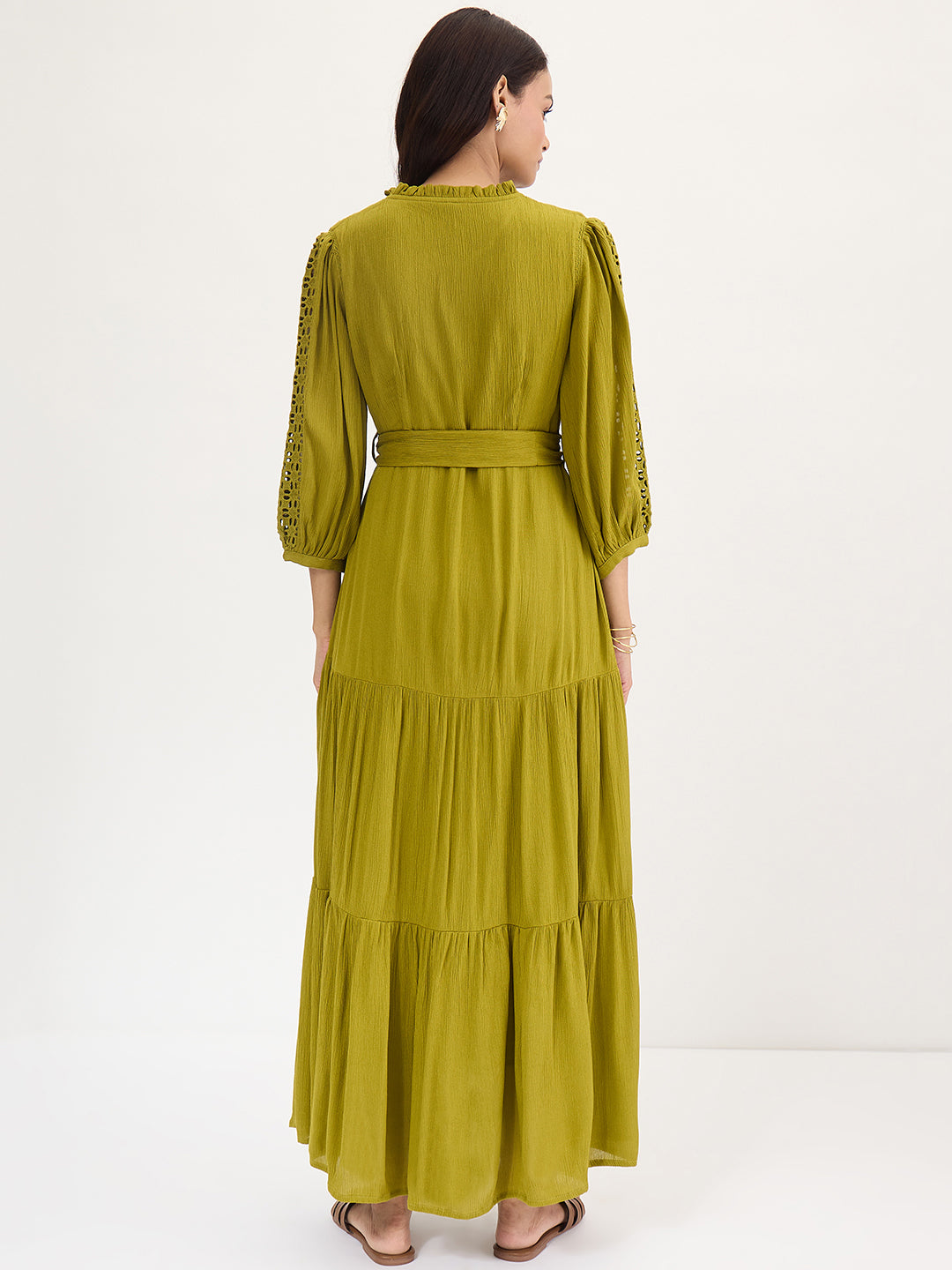 Citrine Green Schiffli Tiered Maxi Dress