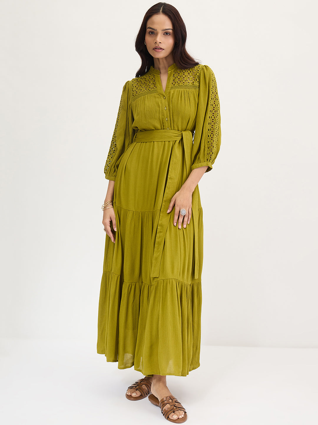 Citrine Green Schiffli Tiered Maxi Dress