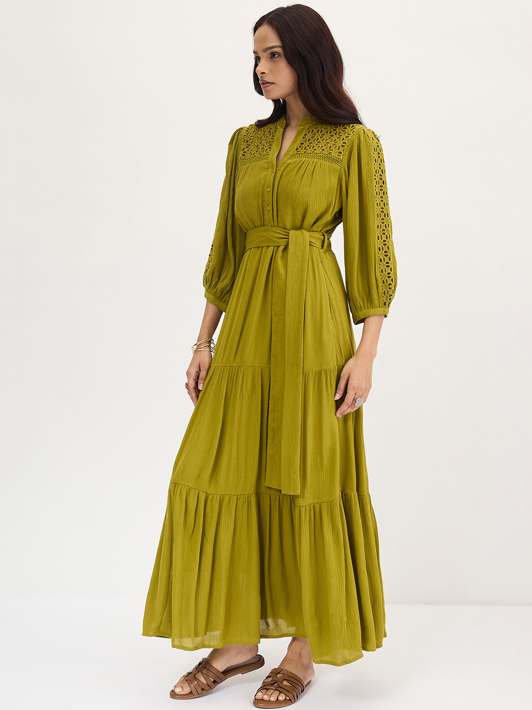 Citrine Green Schiffli Tiered Maxi Dress