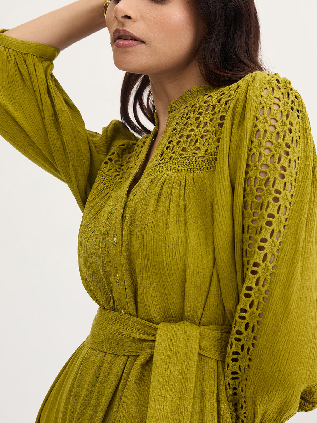 Citrine Green Schiffli Tiered Maxi Dress